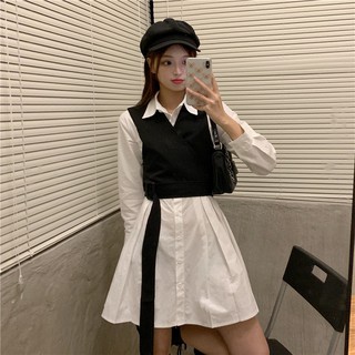 Set váy sơ mi trắng + gile đen cá tính ulzzang