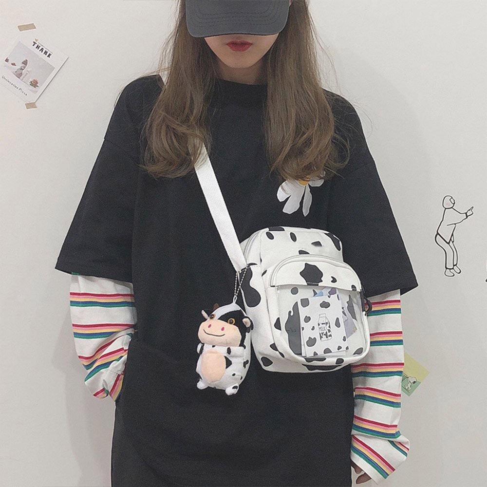 Túi vải canvas đeo chéo bò sữa ngựa vằn fom vuông phong cách Hàn Quốc tiện dụng phù hợp đi học đi làm