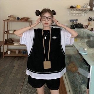 Set bộ nữ thể thao ulzzang gồm áo thun phối gile liền form rộng + quần short phong cách ulzzang Hàn