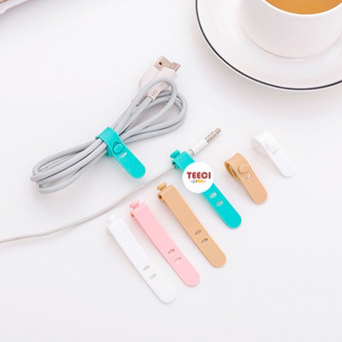 &lt;Ảnh Thật Shop Chụp&gt; Bộ 4 Dây Đai Silicon Cuốn Buộc Giữ Tai Nghe Cáp Sạc Chống Rối Có Nút Đính Chắc Chắn Nhiều Màu D112