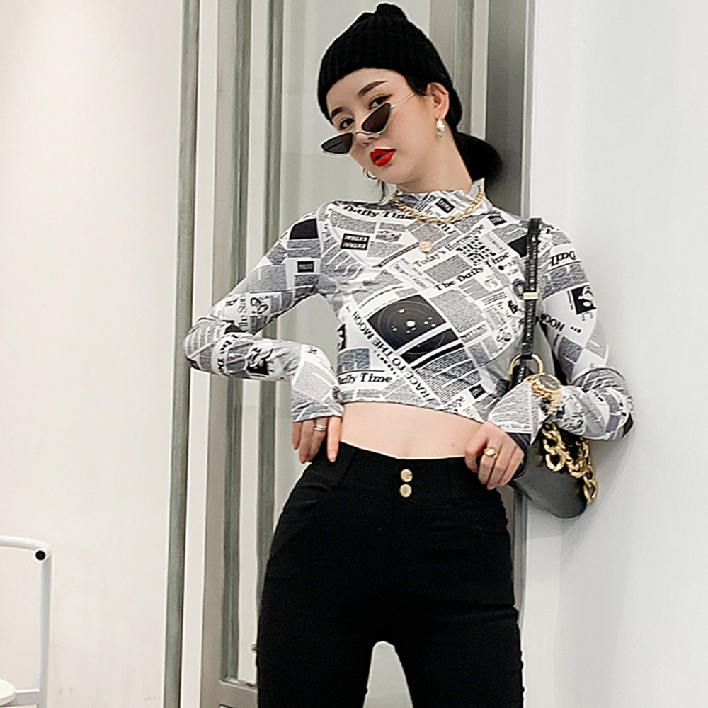 DUNEA Áo thun croptop tay dài cổ đứng thời trang trẻ trung dành cho nữ