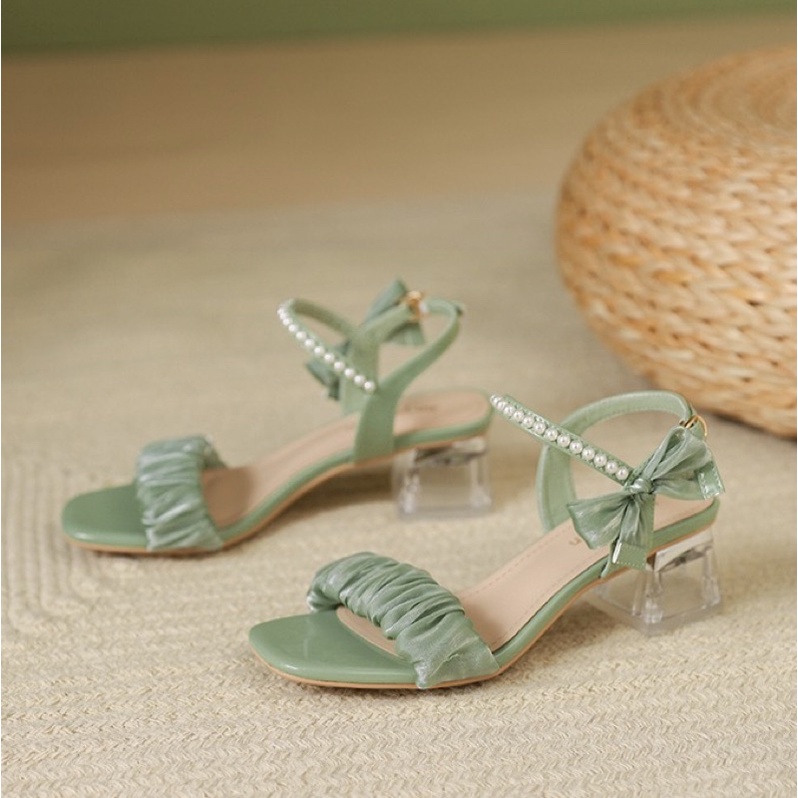 Giày cao gót nữ quai ngọc thắt nơ, giày sandal nữ gót trong quai bèo Chị Đẹp Store mã CD41