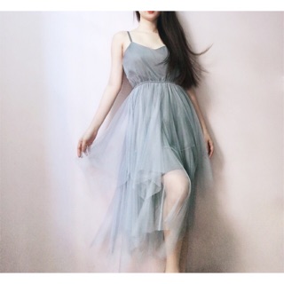 Đầm midi 2 dây lưới xoè bo eo korea