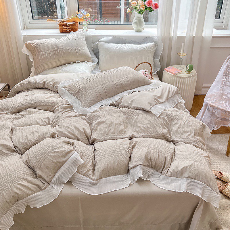 Bộ Chăn Ga Đũi Mây chăn hè trần bông vẫn lồng thêm được ruột, sét 4 món chất mềm thoáng mát
