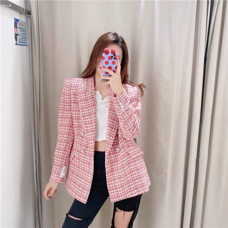 : Áo khoác blazer tweed dạ cổ vest nữ sẵn Hồng