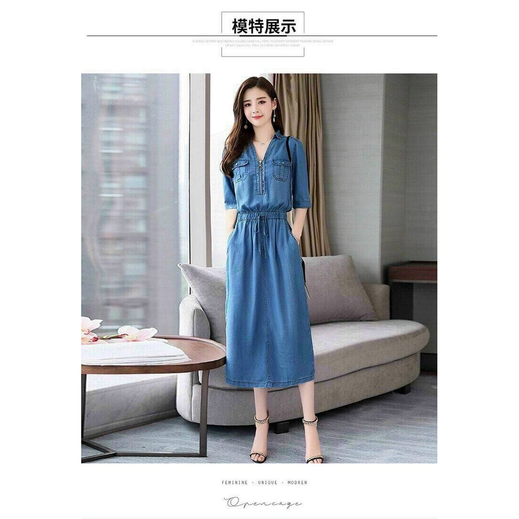 Đầm Jean Xoè Phối Dây Kéo, Đầm Jean