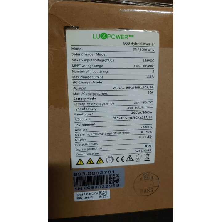 Inverter độc lập & hòa lưới, biến tần Hybrid Luxpower 5kW - Mã SNA 5000 WPV chính hãng