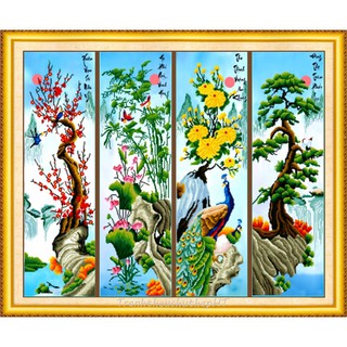 Tranh đính đá, Tranh thêu chữ thập tứ quý 4 mùa Tùng Trúc Cúc Mai 136*90cm LV340, LV3262 - tự thêu, tự đính