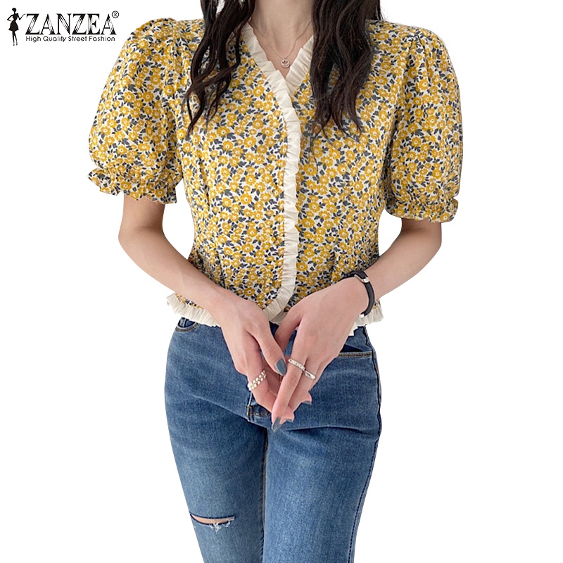 Áo Zanzea kiểu tay phồng cổ chữ v in họa tiết hoa phong cách Hàn Quốc thời trang cho nữ