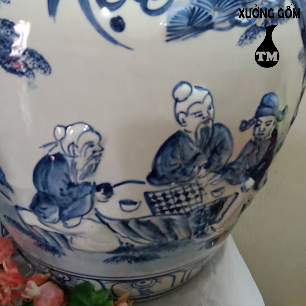 Chum Sành Đựng Nước, Ngâm Rươ.u Tráng Men Họa Tiết Đánh Cờ Chữ Tài Lộc Xưởng Gốm TM Bát Tràng 30L
