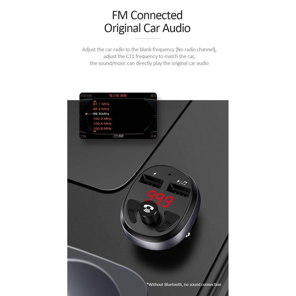 Bộ phát sóng FM tích hợp 2 cổng USB 5V sạc nhanh cho xe hơi USAMS US-CC062 C11 Wireless Car FM Transmitter