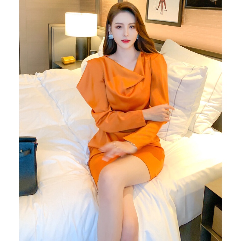 ZYHT Đầm Mảnh tay áo phồng vải sa tanh phong cách Hàn Quốc phong cách thanh lịch 4322