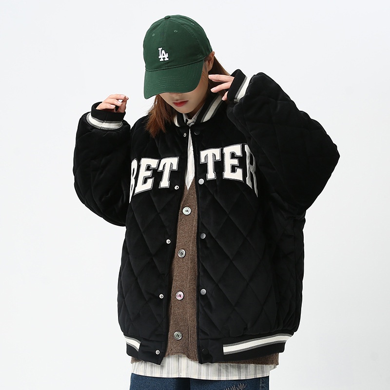 Áo khoác bomber WONHARIM phao trần bông quả chám thêu chữ Giant, áo bomer bóng chày thêu chữ cá tính