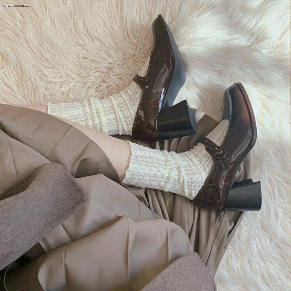 Giày da bóng gót cao dày mũi vuông phong cách retro Pháp thời trang mùa hè 2021 cho nữ