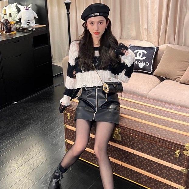 Áo len ZHELIHANGFEI tay dài họa tiết sọc thời trang dễ thương cho nữ