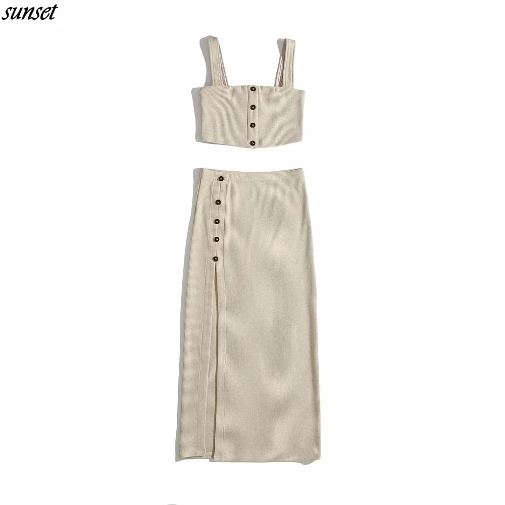 Sunset   Áo Đầm Hai Dây Cài Nút Ôm Dáng + Chân Váy Dài Lưng Cao Xẻ Tà Thời Trang Mùa Thu Hàng Mới Năm