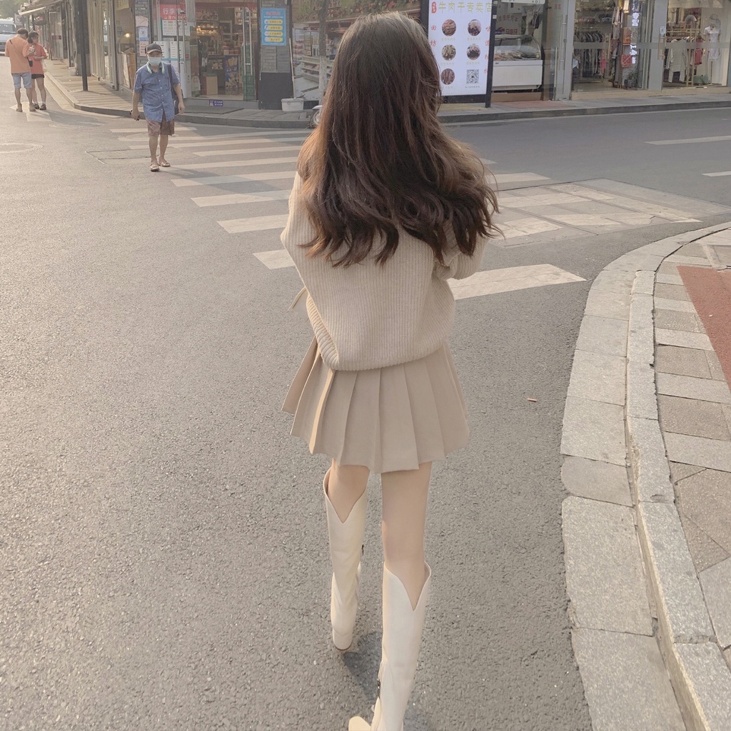 Bộ Áo Sweater Cổ Chữ v Dáng Rộng Phối Chân Váy Xếp Ly Lưng Cao Thời Trang Xuân Thu Cho Nữ