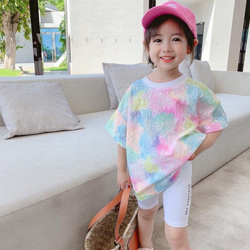 Áo Thun Ngắn Tay Họa Tiết Mặt Cười Màu Nhuộm Phong Cách Phương Tây Mới Cho Bé Gái