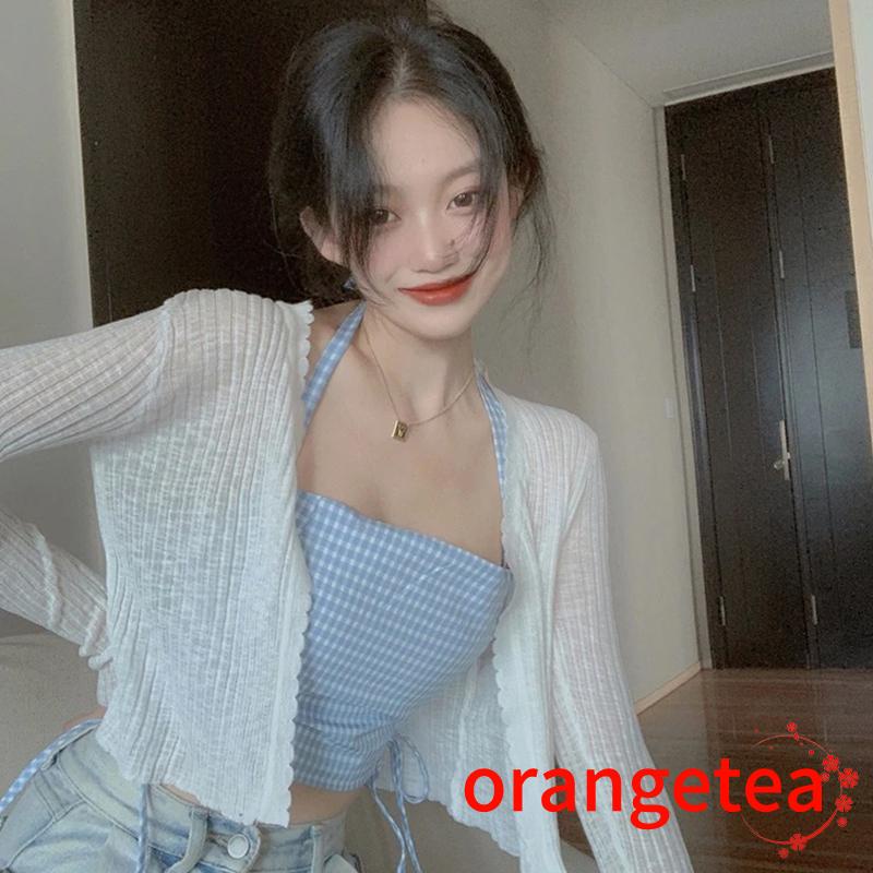 ORT-Female Camisole, Plaid Halter Neck Vest Crop Tops with Drawstring Summer Outfit for Adults