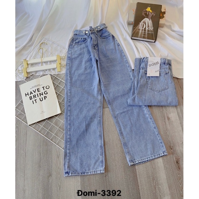 Quần suông ống rộng, quần baggy jean nữ Lê Huy Fashion màu xanh nhạt cạp điều chỉnh nút gài eo Ulzzang MS 3392