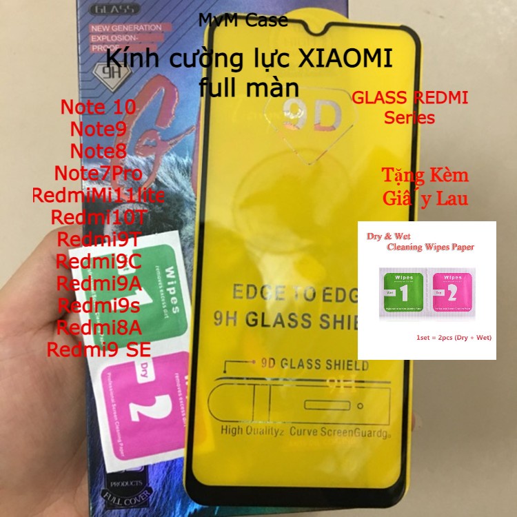 Kính Cường lực Xiaomi Redmi Full Màn Note 10/Note 9/Note 8/Note7/Pro/Mi 11 lite/10T/9T/9C/9A/9s/8A/9 SE cao cấp . Vmi