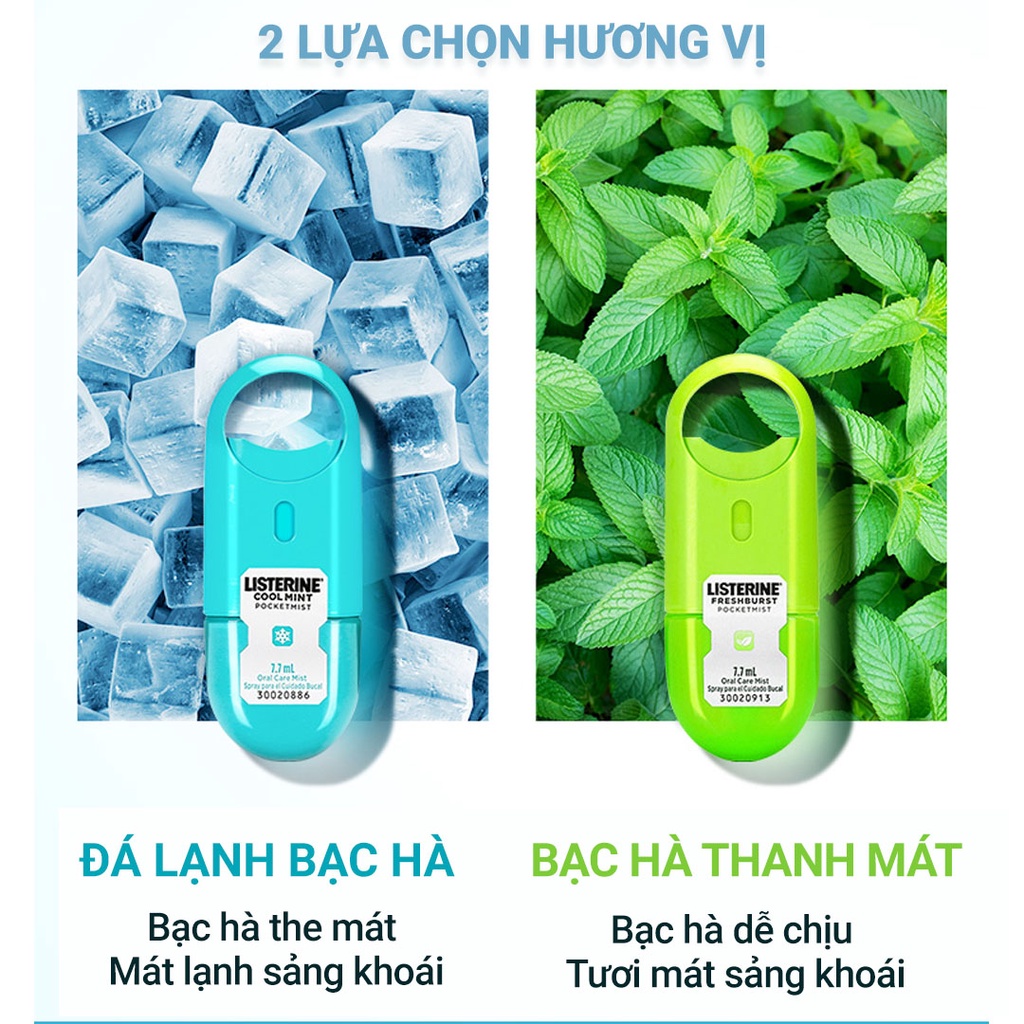 Nước xịt thơm miệng Listerine Pocketmist của Mỹ 7.7ml và ngậm thơm miệng - Khử mùi, diệt khuẩn, hơi thở thơm mát