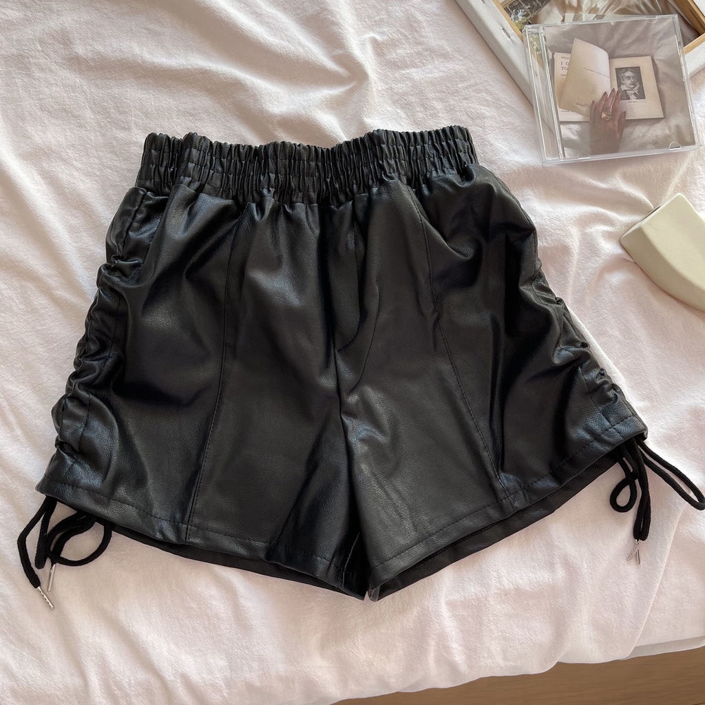 Quần Short Da Mỏng Lưng Thun Cao Ống Rộng Phối Dây Cột Hai Bên Thời Trang Dành Cho Nữ
