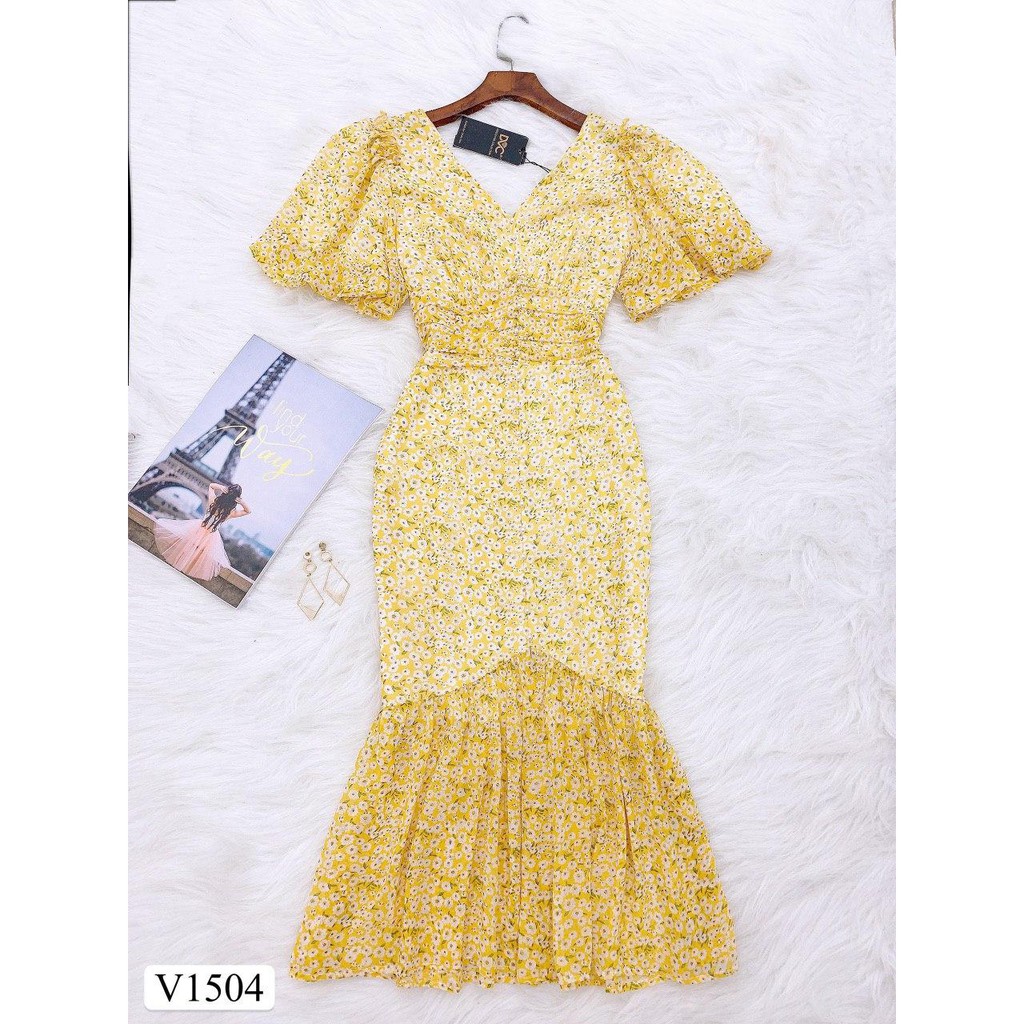 [BÁN LỖ VỐN - HÀNG SALE KHÔNG ĐỔI TRẢ]Đầm hoa vàng đuôi cá cổ tim nhúm eo phù hợp đi biển đi chơi V1504_Zin Boutique | BigBuy360 - bigbuy360.vn