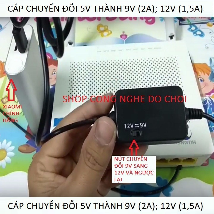 Cáp chuyển đổi điện áp 2 trong 1 - 5v thành 9v - 2A và thành 12v - 1,5A (dùng cho modem Wifi)