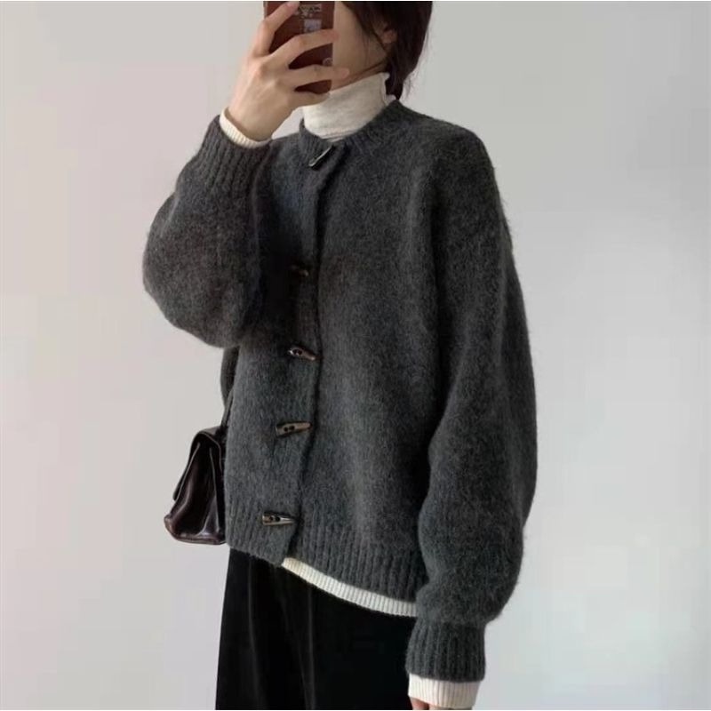 Áo khoác Cardigan dệt kim dáng rộng phối nút sừng phong cách Hàn Quốc thời trang mùa thu mới