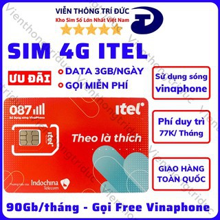 Sim 4G iTel-Vinaphone Gói Vip - Chỉ 77k Data 3Gb/ngày (90Gb/Tháng) - 4G tốc độ cao Toàn Quốc- Gọi Miễn Phí - Free 60 SMS