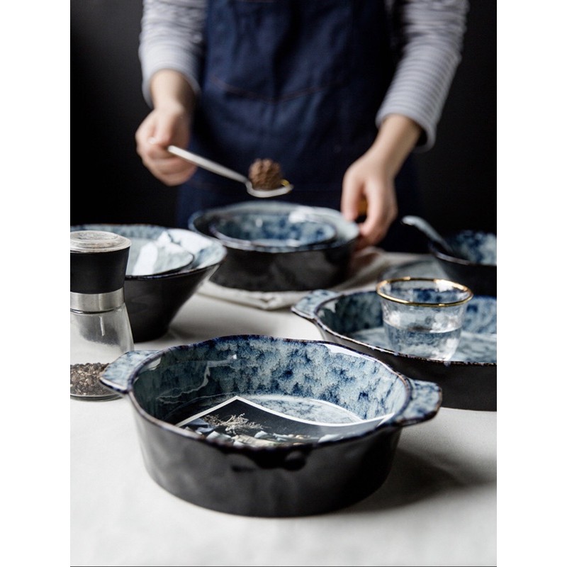 Bát đĩa sứ xanh lam vân đá cao cấp