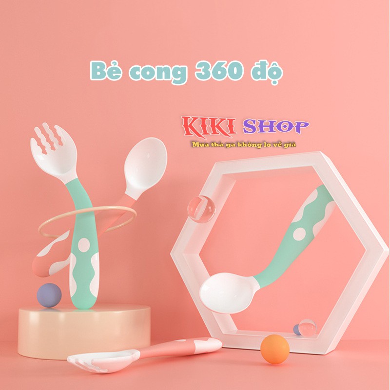 Thìa ăn dặm cho bé ZIYI, thìa dĩa uốn cong silicon, muống ăn dặm kèm hộp đựng cho bé, Kiki shop