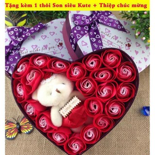 Quà tặng bạn gái 8/3 - Hộp Hoa Hồng Sáp Thơm Trái Tim 20 Bông + gấu - MÀU ĐỎ LÃNG MẠNG - tặng kèm 1 THỎI SON + THIỆP