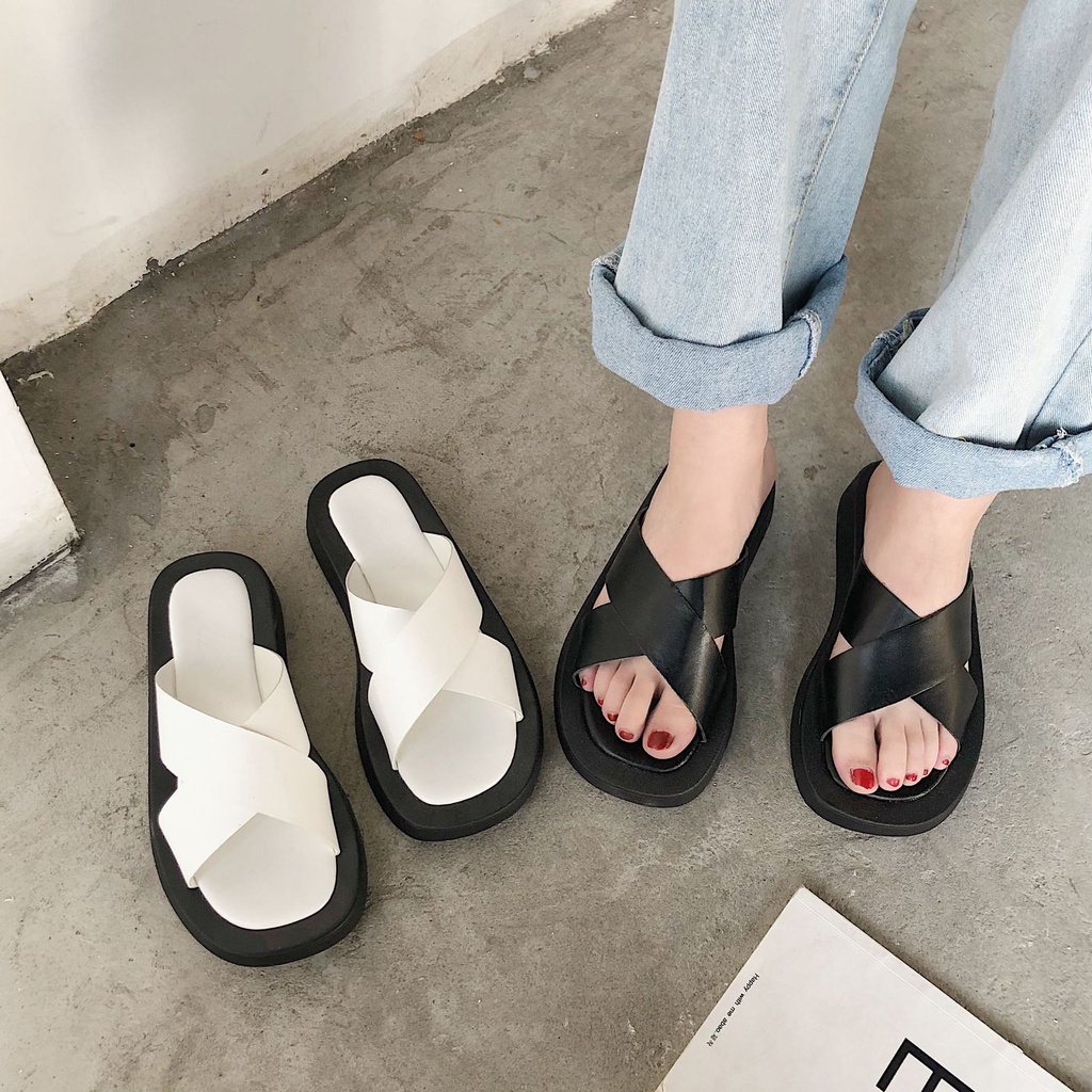 Song bánh xăng đan nữ mùa hè mới quai chéo dày đáy dép một chữ đơn giản phiên bản Hàn Quốc của xu hướng dép