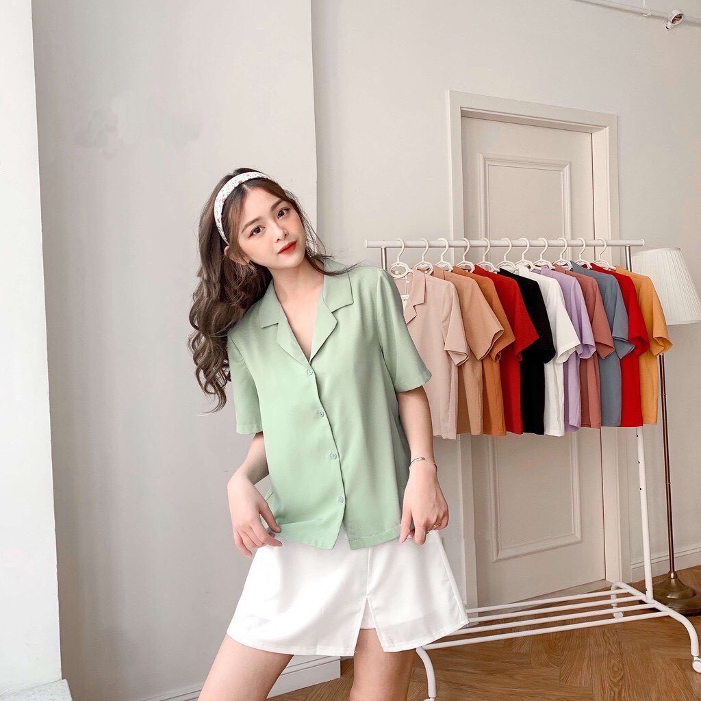 Áo sơ mi nữ ngắn tay cổ vest form rộng vintage ulzzang AC220 | BigBuy360 - bigbuy360.vn
