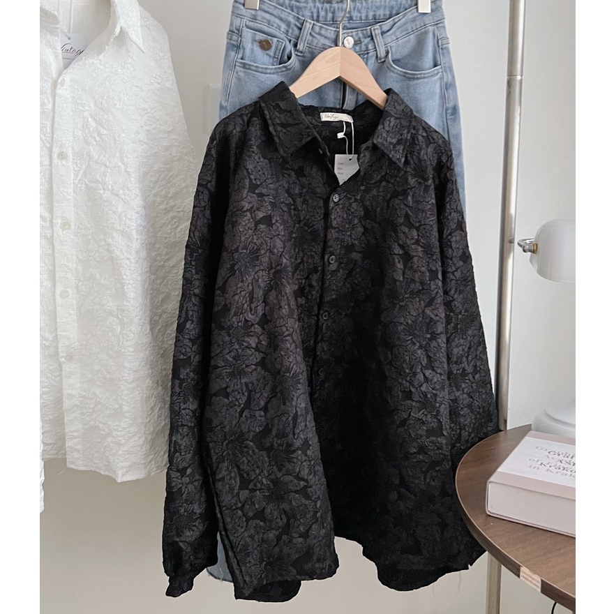 Áo Sơ Mi Nữ Dáng Rộng Oversize Chất Gấm Xốp Hoa Nổi 3D Dài Tay - Hanju