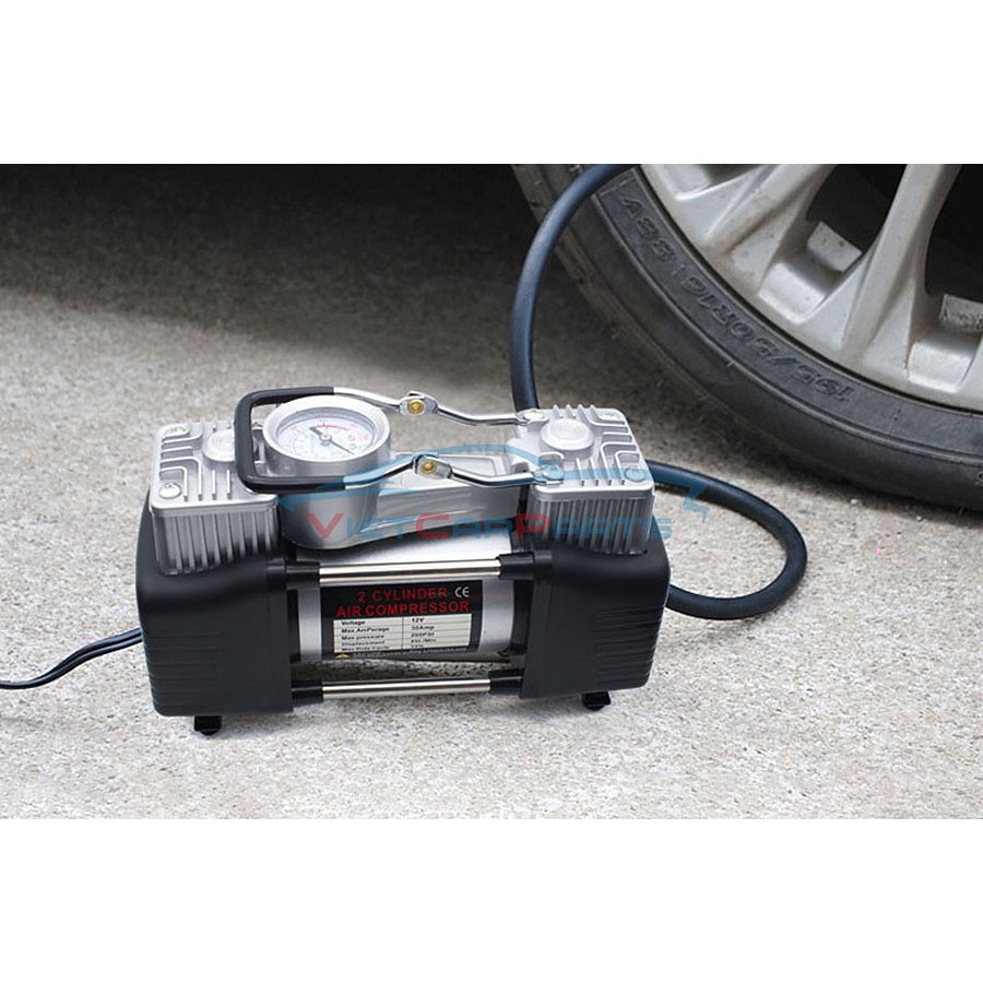 Máy bơm lốp ô tô 2 xi lanh, Bơm Hơi Điện Ôtô Xe Máy Mini 12V -220V  có đồng hồ hiển thị áp suất lốp xe.