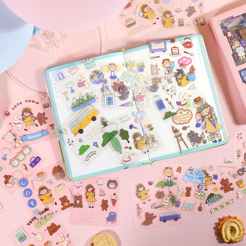 Hộp 100 tờ stickers nhựa PET PVC không thấm nước cắt sẵn không trùng mẫu dùng để trang trí