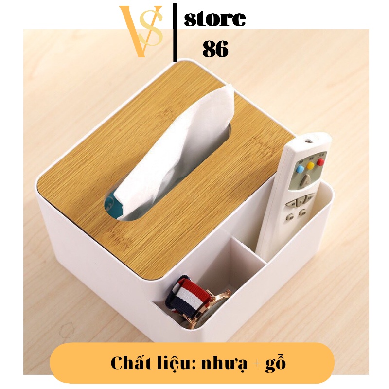 Hộp đựng giấy ăn sang trọng có ngăn để đồ đa năng, Hộp đựng khăn giấy để bàn cao cấp nắp gỗ