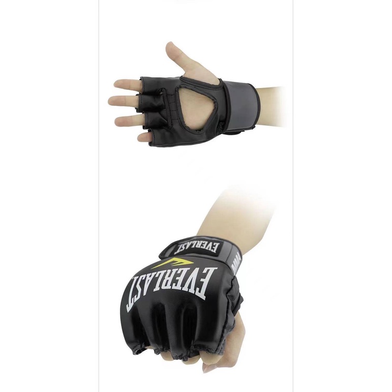 Black everlast mma găng tay đấm bốc muay thái tập gym chiến đấu chuyên nghiệp da pu dày