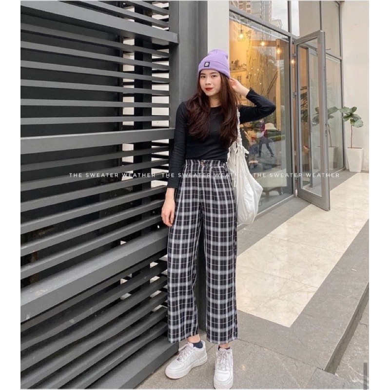 Xả hàng - Quần suông kẻ có chun sau, Quần ống rộng kẻ sọc cạp cao dáng dài - NhiNhiShop