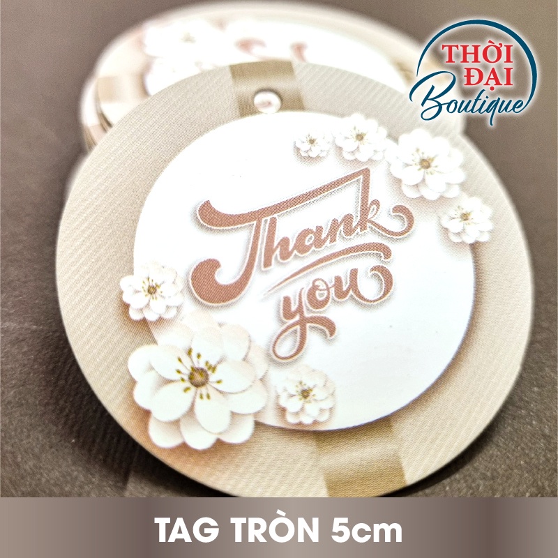 100 Tag Treo Giấy Thank You Beige Pastel Hoa Đào Sang Trọng Tròn 5cm