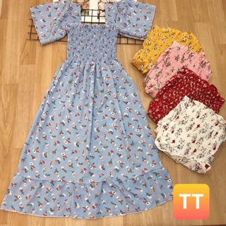Đầm Maxi hoa nhí nhún ngực tay loe