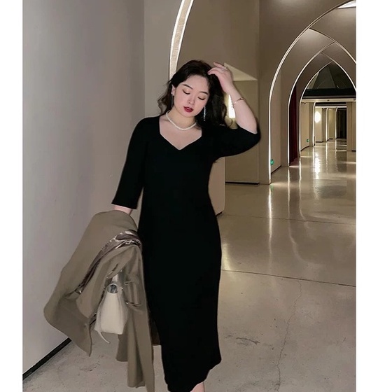 BIGSIZE Váy len tăm công sở EM.STYLE dáng dài tay lỡ cổ tim cổ điển (55-90kg)