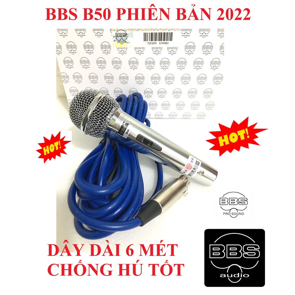 Micro Có Dây BBS B50 HOT 2022 Dây Dài 6 Mét,Tay INOX Không Gỉ Siêu Chắc Chắn,Hút Giọng Tốt,Giọng Mềm,Hỗ Trợ Chống Hú Rít