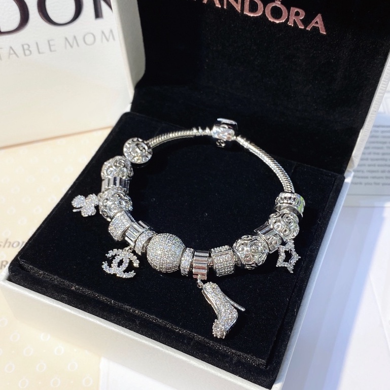 Vòng tay nữ charm pandora xi bạch kim full charm đính đá nhân tạo cao cấp Ròm House full hộp