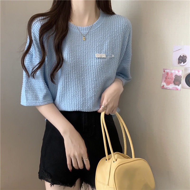 SUXI Áo thun tay ngắn cổ tròn màu sắc đơn giản dành cho nữ