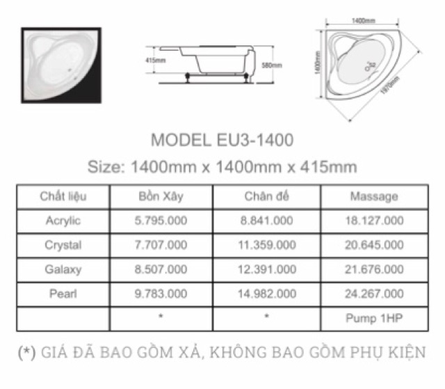 BỒN TẮM GÓC EUROCA  - MODEL EU3 - 1400- BẢO HÀNH 3 NĂM