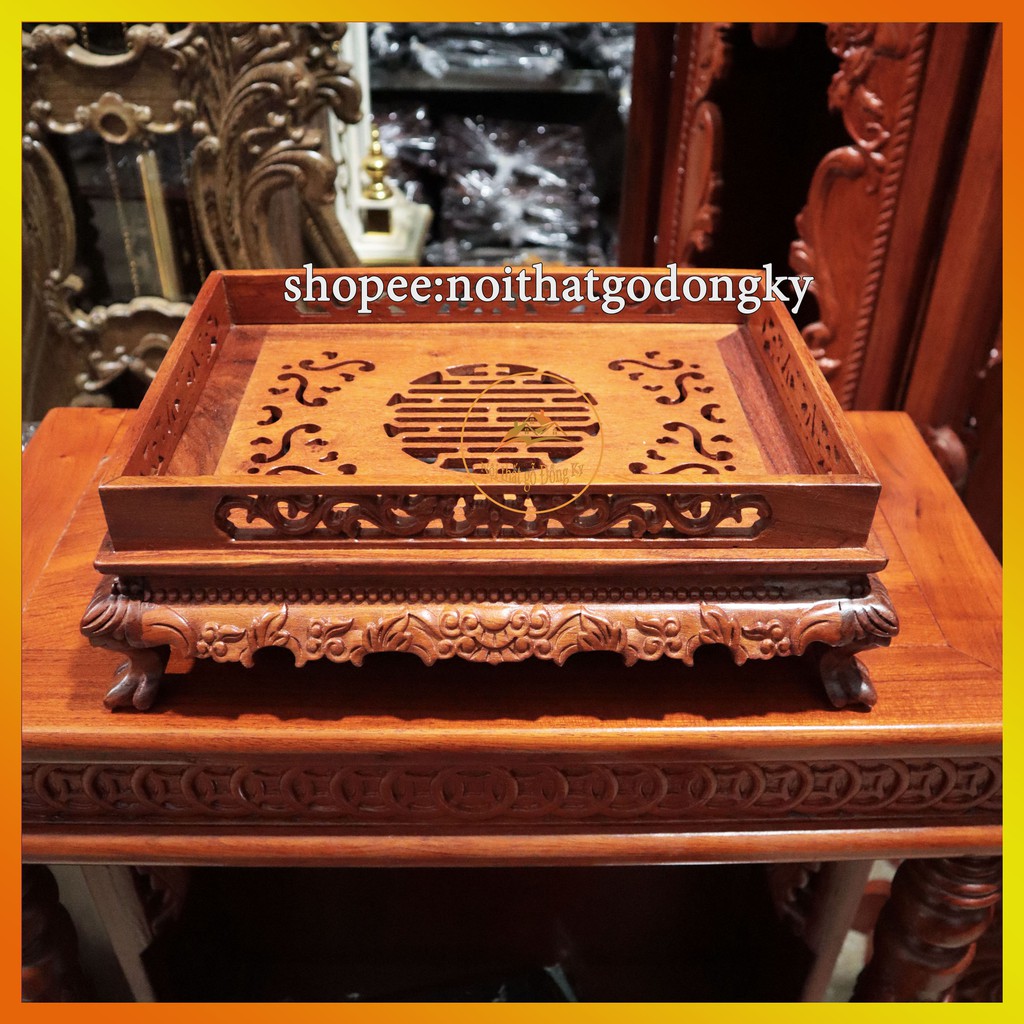 Khay trà chân quỳ gỗ hương chạm rồng